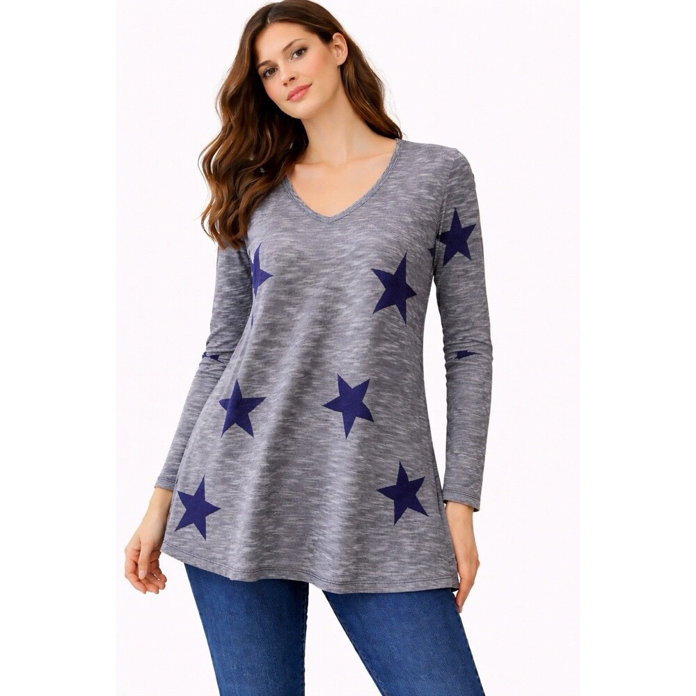 Go Couture Women's Large Gray Star Print V-Neck Tunic Top USA Festival Layering